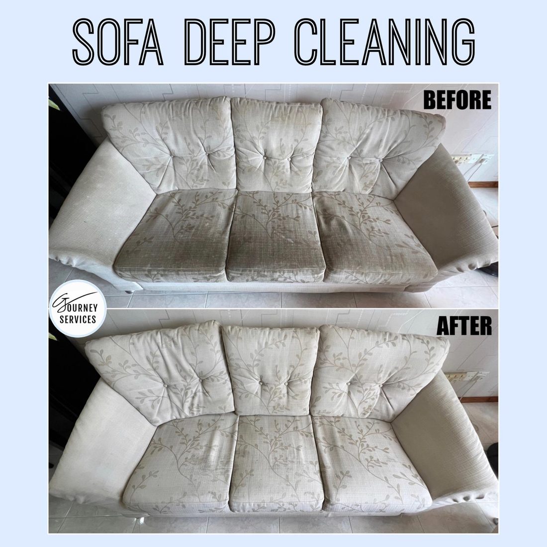 Cream patterned sofa before and after deep cleaning