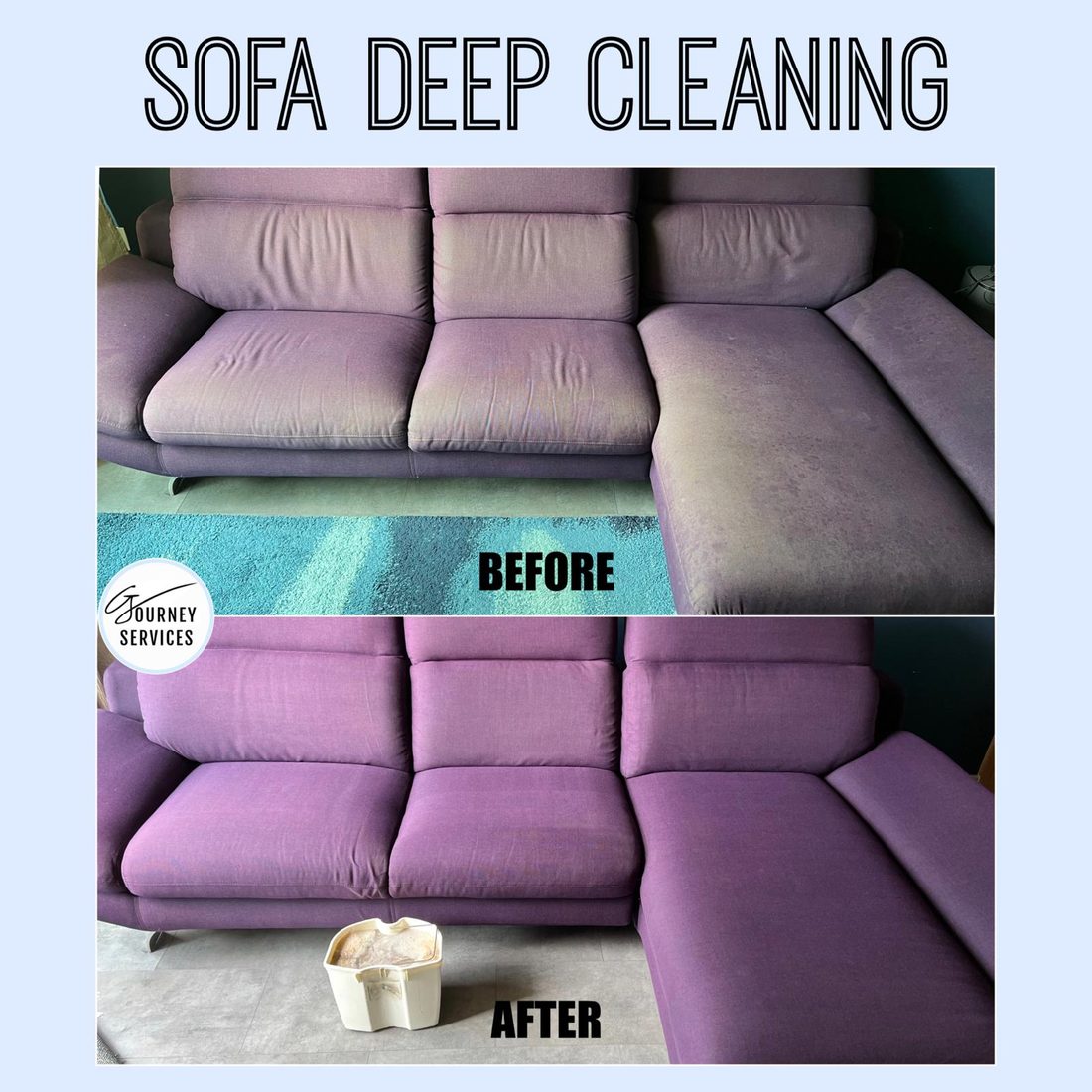 Purple fabric sofa before and after deep cleaning